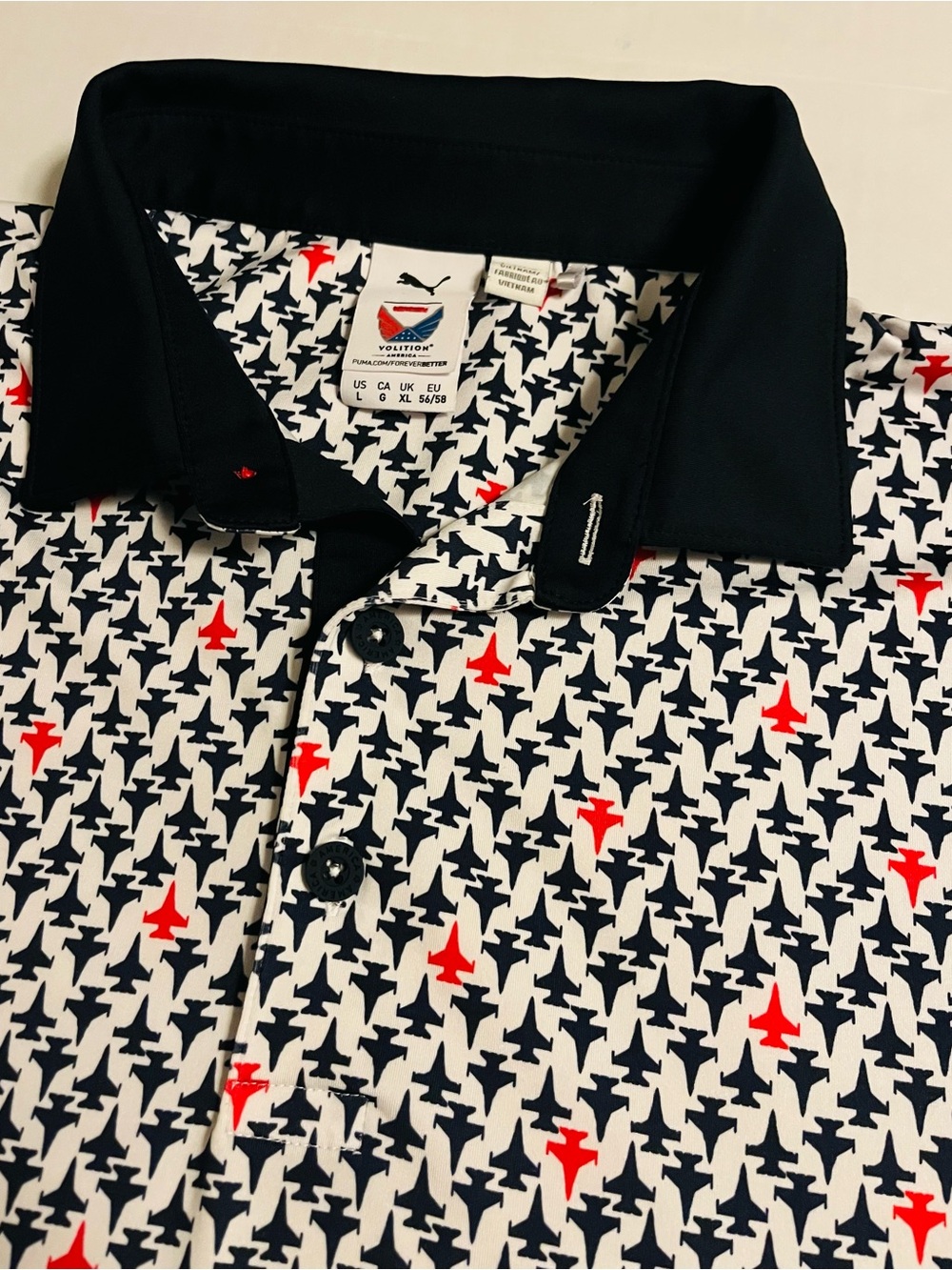 NEW Puma Volition Jet Plane All Over Polo Shirt LARGE Veteran Military Flag NWOT